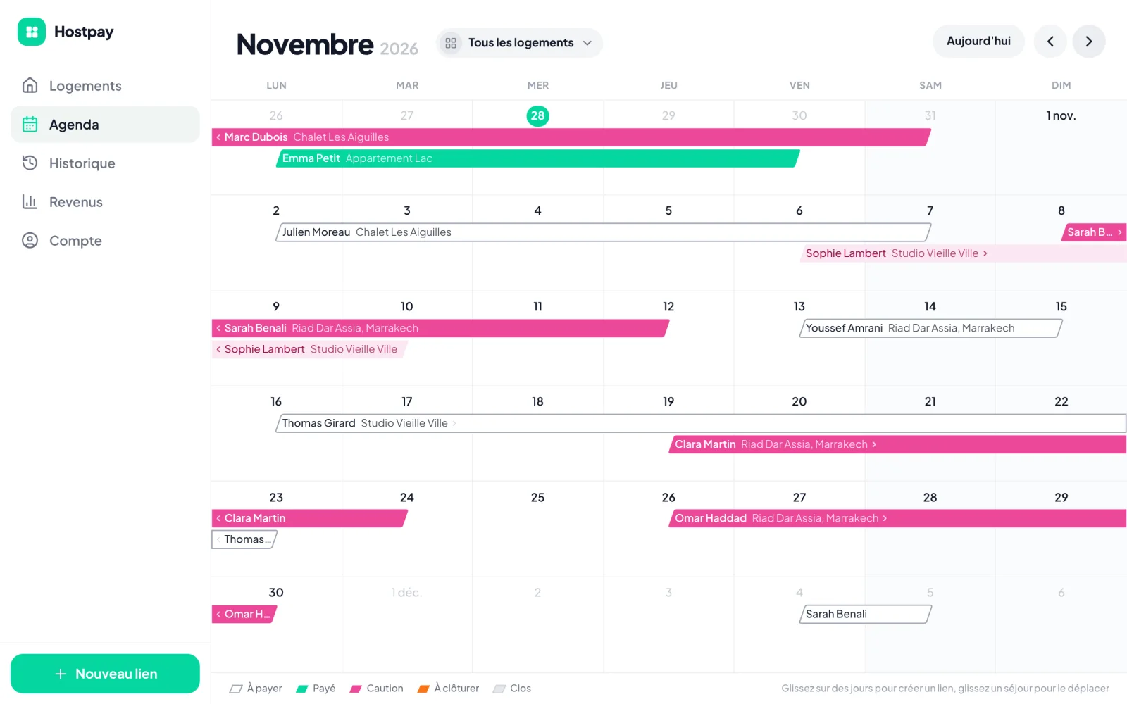 Agenda Hostpay avec les réservations du mois