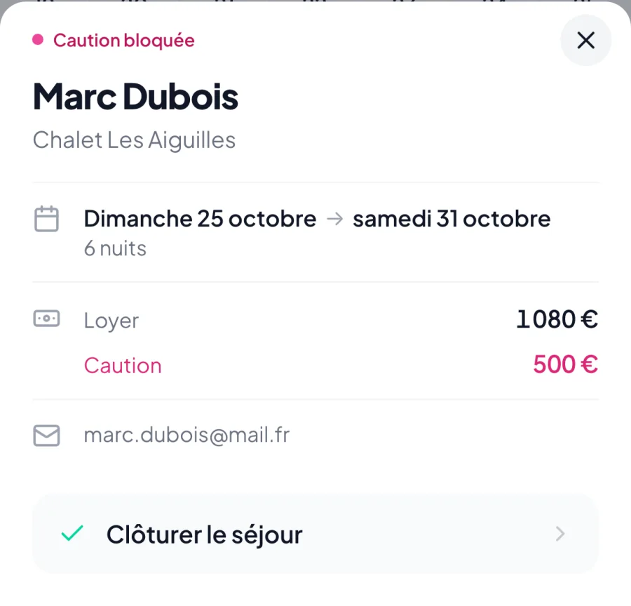 Séjour en cours avec caution bloquée, prêt à être clôturé par l’hôte