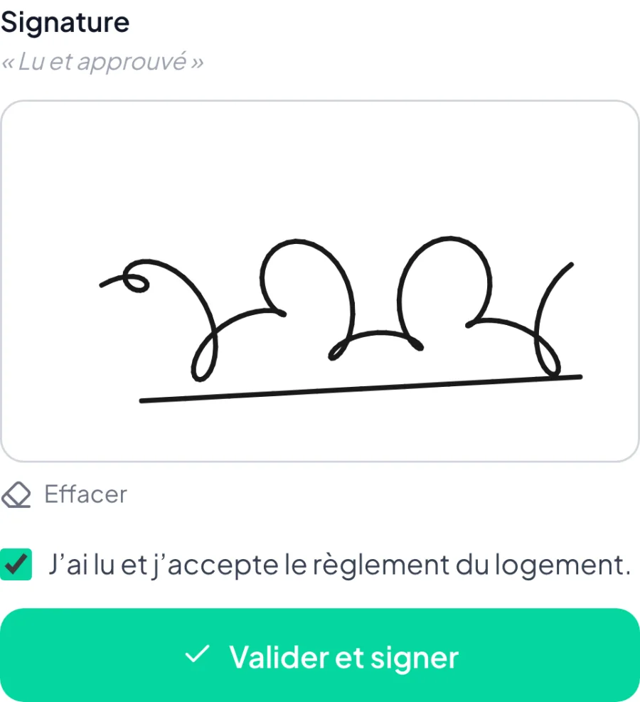 Règlement du logement signé au doigt par le voyageur