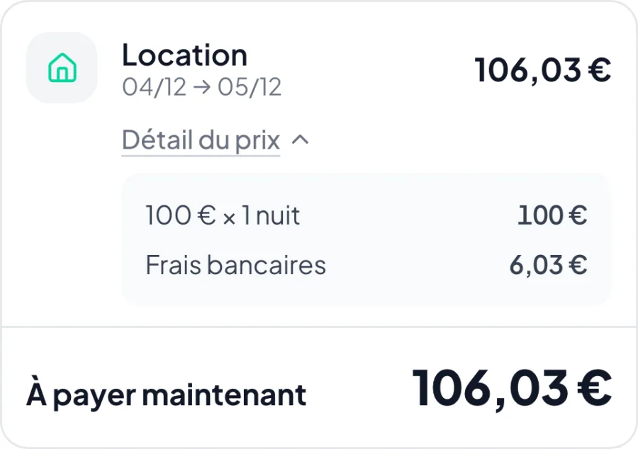 Page de paiement d’un lien de 100 € : le voyageur paie 106,03 €